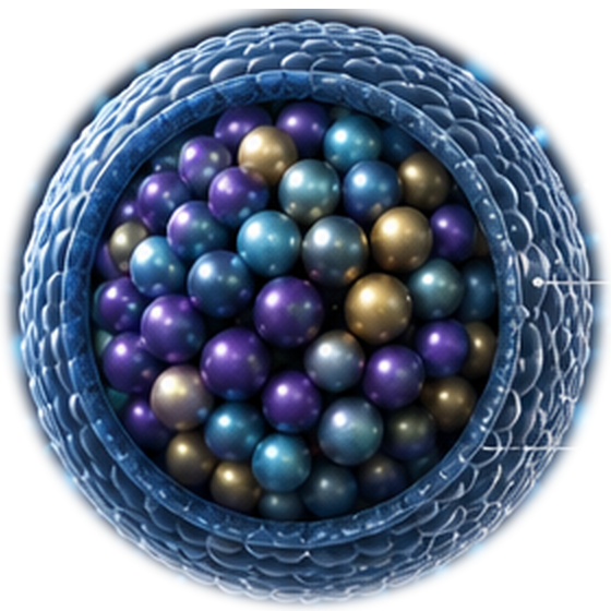 Cutaway illustration of a polymer-encapsulated nanoparticle filled with many smaller payload particles