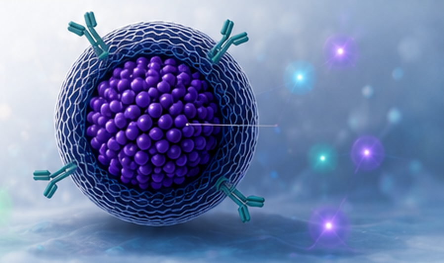 Illustration of a nanoparticle: a quantum dot core inside a polymer shell with antibodies conjugated to the surface